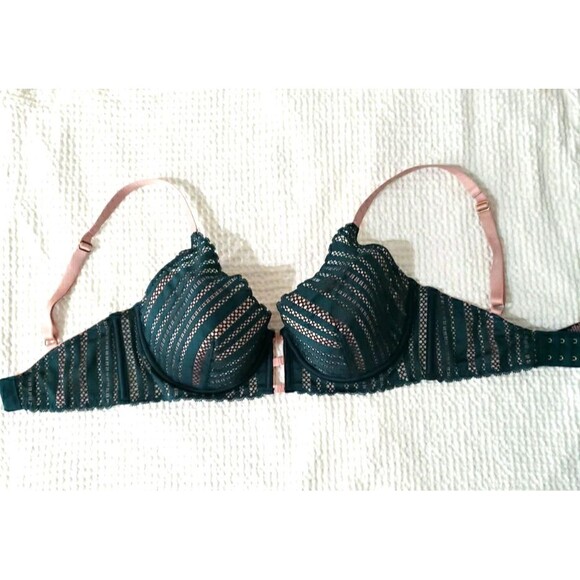 Victoria Secret Underwire Padded Plunge Bra Green Beige Lace Size 32DD - Picture 8 of 9